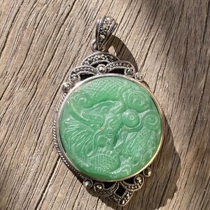 Carved Jade Sterling Silver Pendant w/ marcasite